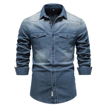 Y2K, Новые мужские хлопковые джинсовые рубашки Оверсайз высокого качества, джинсовые рубашки в полоску с длинным рукавом, мужские Повседневные Тонкие ковбойские рубашки
