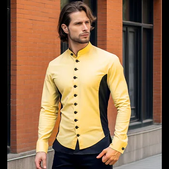 Модная желто-черная рубашка в стиле пэчворк для мужчин со стоячим воротником для вечеринки, свадьбы, мужской одежды, повседневного ужина, банкета, выпускного вечера, домашней сорочки