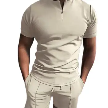 Высококачественная мужская футболка, комплект шорт, пуловер, летняя футболка на молнии для отдыха, комплект шорт, облегающий фигуру