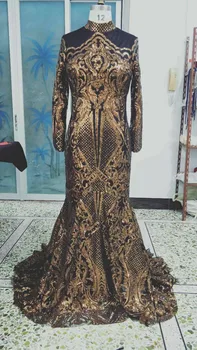 Респектабельное вечернее платье с золотыми блестками и высоким воротом, арабское женское вечернее платье с длинным рукавом 