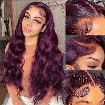 Темно-бордовые парики на кружеве Синтетические Бесклеевые 13X4 Темно-фиолетовые парики на кружеве с объемной волной для женщин, предварительно выщипанные из волос младенца