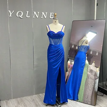 Королевский синий кристаллы длинный разрез платья на бретельках шелк атласная бисером на шнуровке вечернее платье русалка