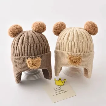 Новый осенне-зимний плюшевый шерстяной пуловер Baby Bear, милая мультяшная вязаная теплая шапочка с ушками, утолщенная