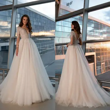 2021 Свадебные платья С V-образным вырезом и длинными рукавами, аппликации, кружевные свадебные платья, сшитые на заказ, Свадебное платье трапециевидной формы с открытой спиной