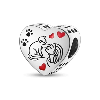Теплый 925 пробы Серебряный сердечко с кошкой и девочкой, новый браслет Pandora, женские милые аксессуары для одежды
