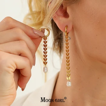 Серьги-капли из пресноводного жемчуга для женщин, модные асимметричные серьги-кольца с цепочкой из нержавеющей стали золотого цвета