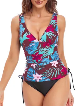 Купальник-двойка с принтом Танкини 2024, женский купальник с завязками по бокам, женский купальный костюм, пляжная одежда, лето