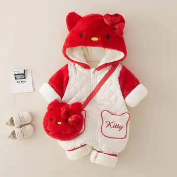 Sanrio/ куртки-боди Hello Kitty для младенцев, одежда для малышей с героями мультфильмов, комбинезоны, зимние пальто с капюшоном и хлопковой подкладкой, детский комбинезон
