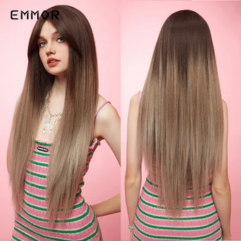 Эммор Омбре, коричневый Блонд, длинные прямые синтетические парики с челкой, косплей-парик для женщин, высокотемпературные натуральные накладные волосы