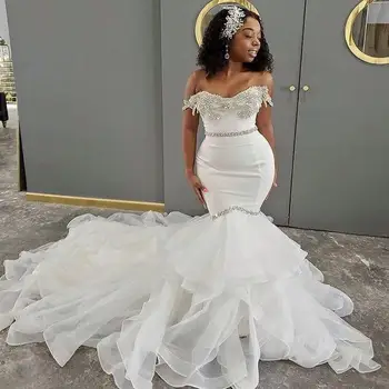 Белые свадебные платья Русалки Свадебные платья без бретелек Бусины Кружевная аппликация Нигерийское Арабское свадебное платье Robe De Mariee