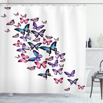 Занавеска для душа Utterflies, Различные виды ткани с бабочками, набор декора для ванной комнаты с крючками, фиолетово-розовая занавеска для ванной комнаты