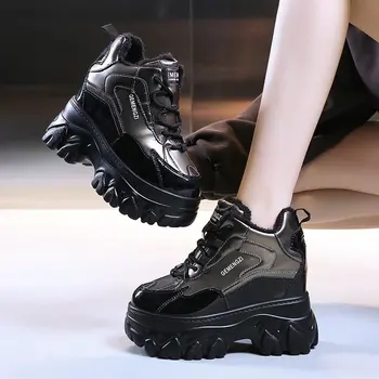 НОВАЯ мода на толстой подошве, Южная Корея, зима-осень, дышащая вулканизированная спортивная обувь на толстой подошве, черная повседневная спортивная обувь 34-39
