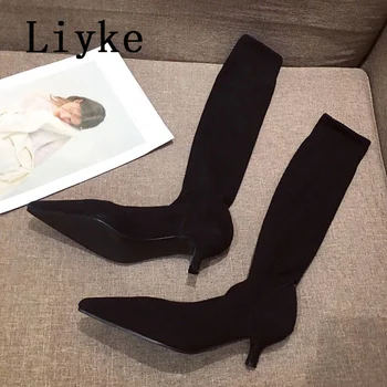 Liyke/ Новые Модные сапоги до бедра с острым носком, женские вязаные из эластичной ткани, повседневные туфли выше колена на низком тонком каблуке серого цвета