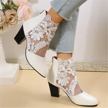 Женская обувь 2023, однотонные женские ботинки на молнии, Весенние повседневные офисные женские ботинки телесного цвета на среднем каблуке, цветы украшают женскую обувь