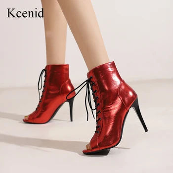 Kcenid/ Весенне-осенние пикантные ботинки с открытым носком, женские ботильоны на высоком каблуке, вечерние танцевальные туфли на шнуровке, Женские современные ботинки с перекрестной шнуровкой