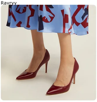 Винно-красные кожаные женские туфли-лодочки на высоком каблуке с острым носком, пикантные женские туфли-лодочки на тонком каблуке-шпильке, OL lady out, подходящие к вечернему платью.