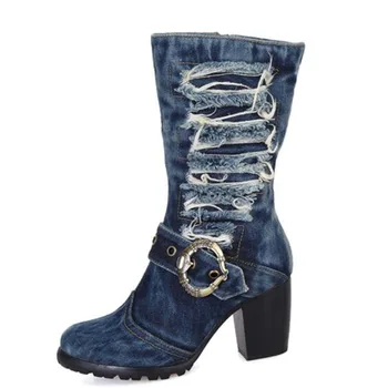 Синие джинсовые туфли-лодочки на не сужающемся книзу массивном каблуке до середины икры, ковбойские женские ботинки с круглым носком, джинсовые сапоги на высоком каблуке, бесплатная доставка