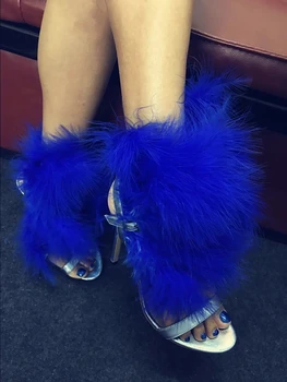 Сексуальные Босоножки на высоком каблуке из королевских синих перьев, женские сандалии-гладиаторы с открытым носком из птичьего меха и ремешком с пряжкой, Обувь для подиума