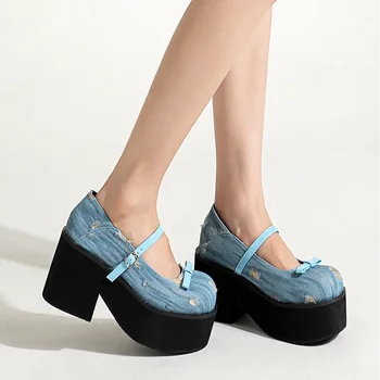 Женская Обувь на платформе Mary Jane, 2024 г., Джинсовый Синий Верх На Массивном Каблуке 8 см, Галстук-бабочка, Дизайнерская Обувь для Женщин, Женская Обувь в Стиле Колледжа