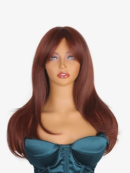 Парик-повязка для женщин с красновато-коричневым градиентом на волосах средней длины и восьмизначной челкой Из высокотемпературного шелка