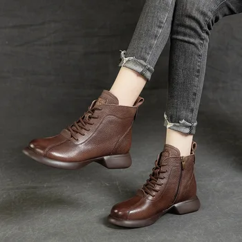 Осенне-зимние новые женские кожаные ботинки на толстом каблуке с мягкой подошвой из мягкой воловьей кожи на шнуровке Короткие ботинки