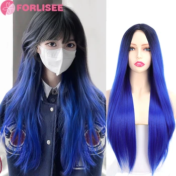 Синтетический длинный прямой градиентный синий парик средней части из термостойкого волокна, двухцветный парик для косплея/повседневный парик для женщин FORLISEE