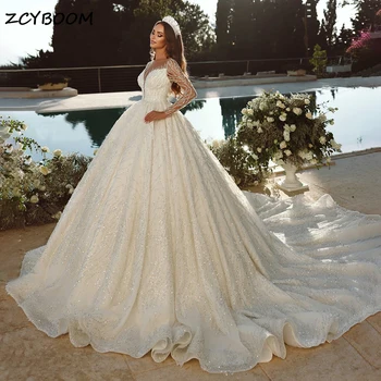 Роскошное Королевское Бальное Платье С Блестками, Свадебные Платья 2024 Princess Dubai Illusion, Свадебные Платья С Длинными Рукавами, Vestidos De Novia