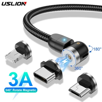 USLION 3 в 1 540 Вращающийся Магнитный USB-Кабель Type C Кабель Для Зарядки Магнитом Micro USB-Кабель Для Мобильного Телефона USB-Шнур Для Xiaomi mi 13