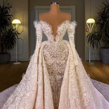 2023 Новое поступление Модного роскошного свадебного платья со съемным шлейфом Роскошные свадебные платья из арабского Дубайского кружева и жемчуга