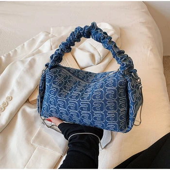 Женская сумка Джинсовая холщовая сумка 2023 Новая складная сумка с буквенным принтом на плечо Advanced Sense Сумка-мессенджер с цепочкой Модная сумка на молнии