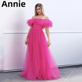 Простое тюлевое платье для выпускного вечера Annie, Vestidos De Noche, сексуальное платье трапециевидной формы с открытыми плечами и разрезом сбоку, ярко-розовое вечернее платье для вечеринки