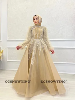 Аппликации из органзы, вышитые бисером, Мусульманские вечерние платья с длинным рукавом, Исламское вечернее платье, Арабский Дубайский Женский Марокканский кафтан Трапециевидной формы