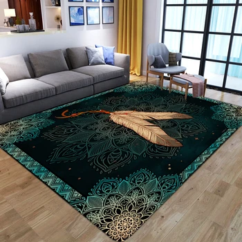 Современные ковры, коврик с принтом перьев в этническом стиле Мандала, домашняя гостиная, прикроватный диван в спальне, нескользящий коврик, игровой коврик на полу
