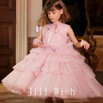 Jill Wish Роскошное Элегантное Розовое платье для девочек Duabi с бусинами, детское платье принцессы на свадьбу, День Рождения, Вечернее платье для Святого Причастия 2024 J183