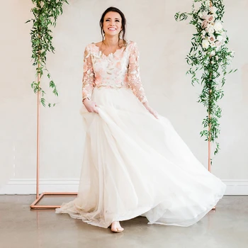 Розовое свадебное платье с цветочной вышивкой, сшитое на заказ, трапециевидный V-образный вырез, фотография в фабричном стиле, свадебное платье в сеточку в деревенском стиле с длинными рукавами