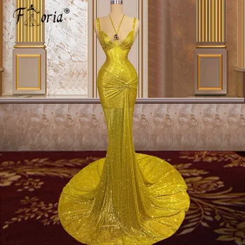 Золотые блестящие платья для выпускного вечера в арабском Дубае с пайетками на бретельках, длинные вечерние платья русалки, сексуальное праздничное платье высокого качества
