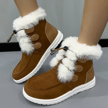 2023, Зимние новые зимние ботинки, женская модная теплая плюшевая Замшевая хлопчатобумажная обувь на шнуровке, повседневные нескользящие спортивные женские ботильоны на плоской подошве.