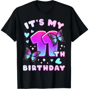 11-й день рождения, девочка 11 лет, Бабочки и футболка с номером 11, Черный, большой размер