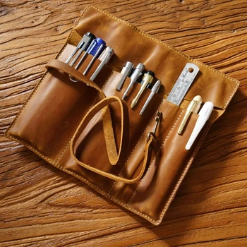 Кожаная сумка для карандашей, сумка для ручек ручной работы, многофункциональная сумка для рулонов карандашей, держатель для ручек, чехол для студентов-художников, писателей