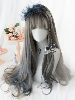 26-дюймовые серебристо-серые с изюминкой серо-синие с челкой Синтетические парики из длинных натуральных прямых волос, парик для женщин, термостойкий для косплея
